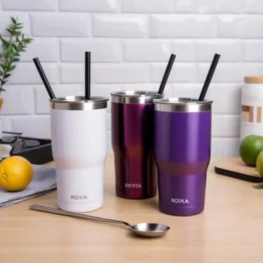 Imagem de Copo Térmico Parede Dupla em Aço Inox Roxa 350ml com Canudo - Estilo Minimalista