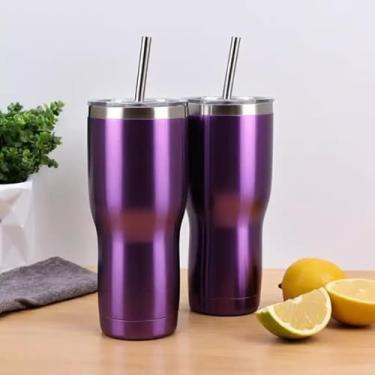 Imagem de Copo Térmico Parede Dupla em Aço Inox Roxa 550ml com Canudo - Estilo Liso