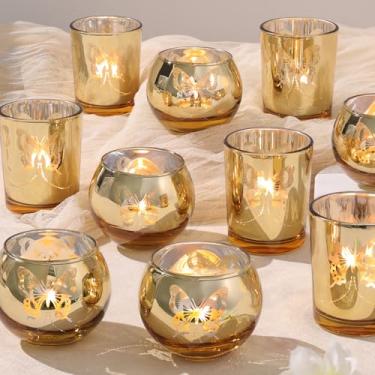 Imagem de Castiçal dourado com 12 peças combinadas de luzes de chá decorativas com padrão de borboleta, castiçais votivos para casamento, aniversário, festas e decorações de férias