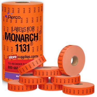 Imagem de Etiquetas Perco de venda VERMELHO de qualidade para arma de preço Monarch 1131 com tinta incluída. Escolha também etiquetas coloridas. Você recebe 1 manga, 16 rolos, 17.000 etiquetas. Ou