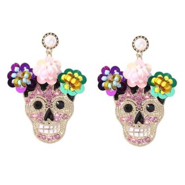 Imagem de Brincos de esqueleto de Halloween para mulheres, brincos de crânio de strass brilhante, lindos anéis de orelha de caveira de açúcar para Halloween, acessórios de bijuteria cosplay, Strass, Sem pedra