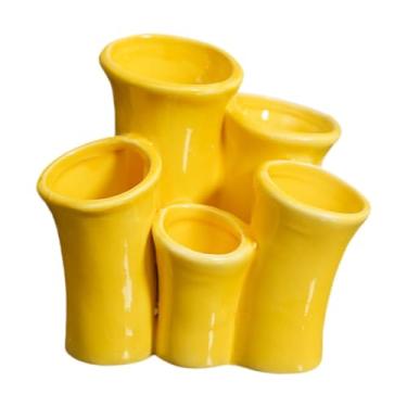 Imagem de WeiLaiKeQi Organizador multifuncional de cerâmica coral, porta-escovas de dente, suporte versátil para pincéis de maquiagem, para, banheiro, hotel, casa, Amarelo