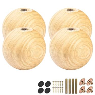 Imagem de Pernas de móveis de madeira de eucalipto de 10 cm, 4 peças de pernas de sofá de bola redonda de verniz, pés de substituição de madeira modernos minimalistas com parafuso M8 e placa de montagem para