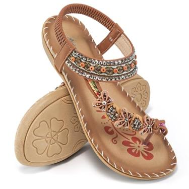 Imagem de Sandália feminina gladiadora de verão, estilo boêmio, com contas, confortável, bico aberto, tira elástica no tornozelo, Marrom, 8