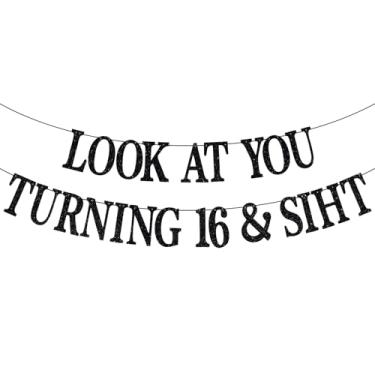Imagem de Banner de feliz aniversário de 16 anos, Happy Sweet 16, 16 e fabuloso, presente de fundo de decorações de festa de 16 anos para adolescentes, glitter preto