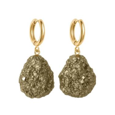 Imagem de Brinco de Argola Pirita - Cristal Natural, Banho Ouro 18k