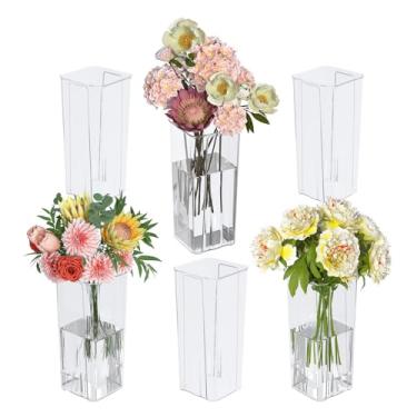 Imagem de Quickquick Vasos de flores quadrados de acrílico alto, 6 pacotes de vasos de plástico transparente para centros de mesa