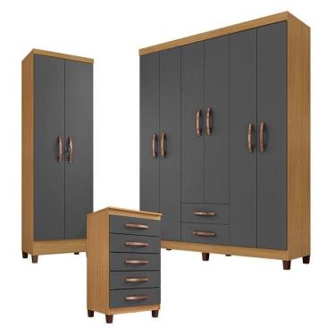 Imagem de Guarda Roupa Casal E Cômoda Gaveteiro Cannes E Armário Multiuso Egito Carvalho Americano Grafite – Incorplac