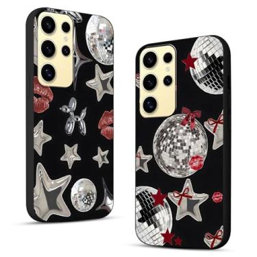 Imagem de Pacote com 2 capas de telefone legais Y2K para Samsung Galaxy S24 Ultra 5G 17.3 cm, Y3K Cute Stars Kawaii Bow Cases Impressão Lábios Bola de Discoteca Capa Padrão Fita Vermelha, Preta Fina Proteção