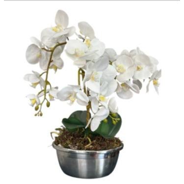 Imagem de Arranjo Orquídea Silicone 3 Haste Vaso Inox Flor Artificial - BKAZZA