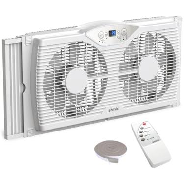 Imagem de shinic Ventilador de janela dupla com fluxo de ar reversível, controlado por termostato, 3 velocidades e 3 funções (exaustão, entrada e circulação), largura expansível de 60 a 94 cm para uso em