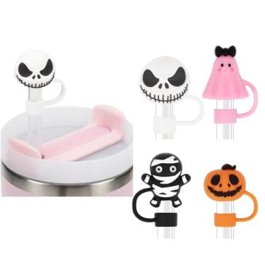 Imagem de Capa de palha de Natal de Halloween compatível com Stanley Cup 30 1,134 g, 4 peças de topo de canudo reutilizável de silicone incluindo 4 estilos, capa engraçada de palha de festa para Stanley