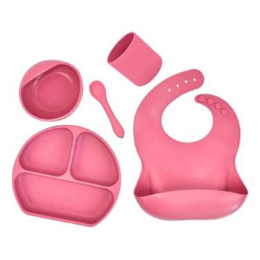 Imagem de Prato Babador Copo Colher Silicone Kit Introdução Alimentar Infantil -