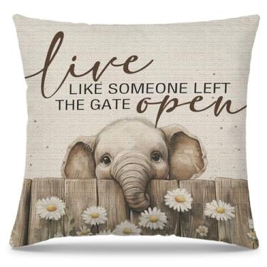 Imagem de PUHEI Capas de almofada decorativas de elefante 45,7 x 45,7 cm, capa de almofada floral rústica de fazenda viva como alguém deixou o portão aberto para casa, quarto, sala de estar, decoração de casa