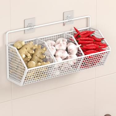 Imagem de Cesta de pendurar, cesta de parede de malha metálica autoadesiva de 3 grades caixas de armazenamento de alimentos removíveis para cozinha, banheiro, armários, branco, frutas penduradas