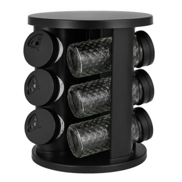 Imagem de Porta Temperos Giratório 360 Cozinha Inox 9 Potes para tempero Condimentos Potes de Vidro + Adesivos Preto Tampa Dosadora Mantimentos
