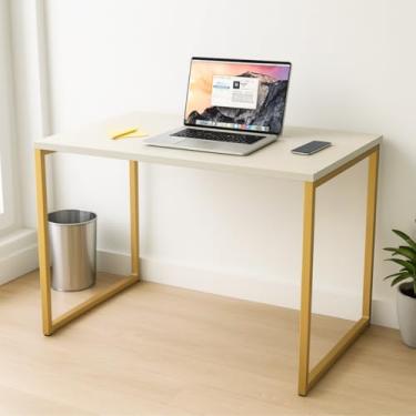 Imagem de Mesa Escrivaninha Premium Estilo Industrial 100x60cm Escritório Moderno 100% MDF e Aço Cor Off White e Dourado