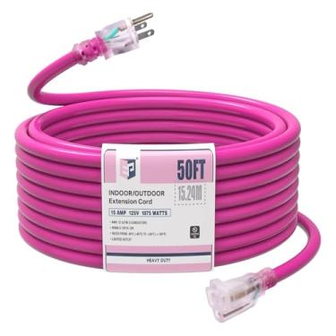 Imagem de EP Cabo de extensão externo de 1,5 m, cabo de alimentação impermeável SJTW 12/3, plugue aterrado de 3 pinos, extremidade iluminada, para gramado, jardim, eletrodomésticos, rosa