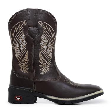 Imagem de Bota Texana Country Masculina, Couro Marrom, Cano Longo com Bordado Geométrico, Solado Antiderrapante (Marrom, BR, Adulto, Numérico, 37)