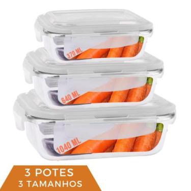 Imagem de 3 Pote Vidro Retangula 3 Tamanhos 370ml+640ml+1040ml Marmita - Quality