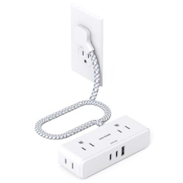 Imagem de Cabo de extensão plano de 0,9 m, tomada plana, 4 tomadas amplas com 3 portas USB (2 USB C), extensor de 3 saídas laterais com cabo de extensão com várias tomadas para casa, escritório, dormitório