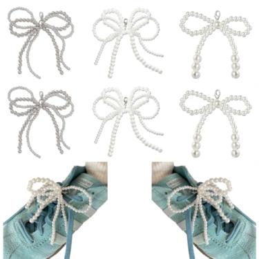 Imagem de MITAOFAIRY 6 peças de pingentes de sapatos com laço de pérolas para decoração de tênis, corrente de laço com contas de pérola com fivela, acessórios de tênis, acessórios para mulheres, presente de