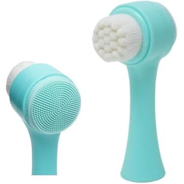 Imagem de Escova de Limpeza Facial 2 em 1 Massageador e Esfoliador em Silicone com Cerdas Macias e Esponja Skin Care (Verde Claro)