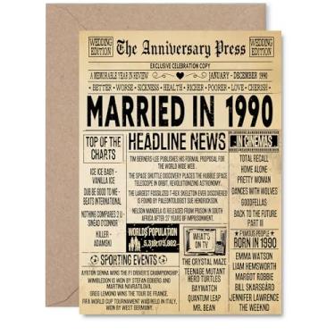 Imagem de Stuff4 Cartão de aniversário de 35 anos para homens e mulheres - Jornal vintage casado em 1990 - Cartão de aniversário de casamento feliz de 35 anos para esposa companheira marido parceiro, cartões