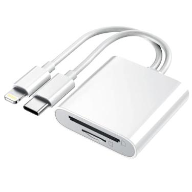 Imagem de Leitor de cartão SD para iPhone iPad, conector duplo (iluminação e USB-C), leitor de cartão de memória micro SD, adaptador de cartão TF e SD 2 em 1, visor portátil para câmera de trilha, sem