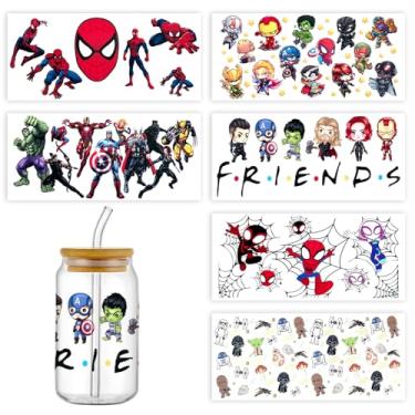 Imagem de 6 folhas de adesivos de transferência UV DTF de desenho animado para copos de vidro de 473 ml, adesivos de decalque de copo para artesanato (super-herói)