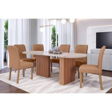 Imagem de Conjunto: Mesa de Cozinha Ester Tampo Madeirado Oval c/ Vidro 210x100cm e 6 Cadeiras Juliana Cinamomo/Off White - Carvalho/Suede Nude Bege - Cimol