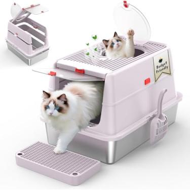 Imagem de Caixa de areia para gatos de aço inoxidável fechada com tampa roxa