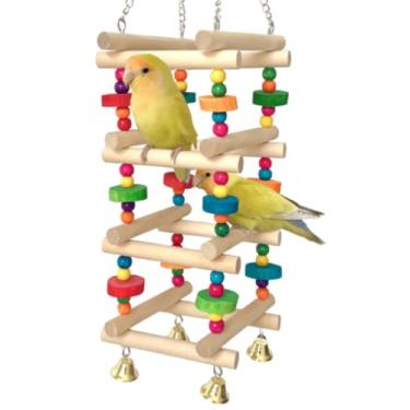 Imagem de Poleiros de madeira coloridos para pendurar para pássaros, brinquedo de mastigar bloco de madeira de papagaio, acessórios de gaiola de pássaros multifuncionais seguros para calopsitas Lovebird Budgie