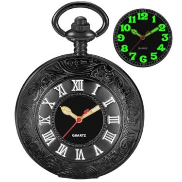 Imagem de Tiong Relógio de bolso masculino com cobertura lisa, números arábicos luminosos, mostrador preto, relógio de bolso com corrente, BS-new02, Tendência