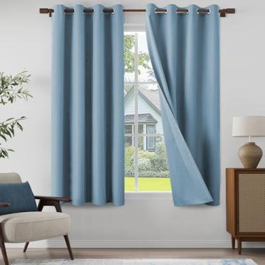 Imagem de OYRING Cortinas texturizadas de linho 100% blackout para quarto infantil, quarto, cortinas leves com ilhós, proteção total de privacidade, azul claro, 132 cm L x 160 cm C, 2 painéis