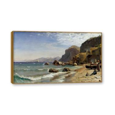 Imagem de Moldura externa de teca. Famosas pinturas a óleo (paisagem 13) por Peder Mork Monsted, reprodução impressa em tela, arte de cenário para decoração de sala de estar. 80 x 136 cm - 31,4 x 53,5 pol