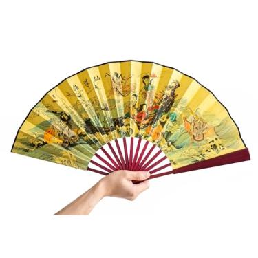 Imagem de CIFIBIFUN Ventilador de mão dobrável portátil para mulheres, mitologia chinesa, caligrafia, vintage, ventiladores de tecido de 33 cm, moldura de bambu, acessório para senhora, festival, festa de dança