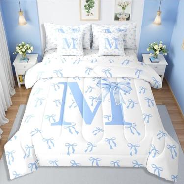 Imagem de Erosebridal Jogo de cama kawaii, Queen, com laço azul, 7 peças, com laço de princesa, romântico, letra M, para crianças, meninas, mulheres, fantasia, monograma, gravata borboleta, conjunto de cama