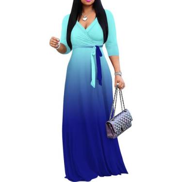 Imagem de Vestido maxi PinkPatty Gradient com decote em V, mangas 3/4, cinto, 2G