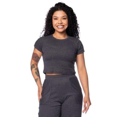 Imagem de Blusa Feminina Habana Canelada Manga Curta Cinza, Cinza, G