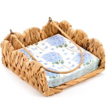 Imagem de Cinnvoice Porta-guardanapos recortado Suporte de guardanapo de vime quadrado, cesta de toalha de coquetel boho tecido, bandeja de toalha decorativa rústica para cozinha banheiro mesa de restaurante 19