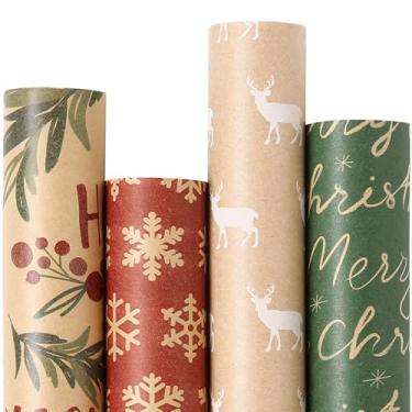 Imagem de YANGTE Papel de embrulho de Natal vintage - Papel de embrulho marrom Kraft para presente de 4 rolos, 43 x 300 cm, papel natalino com padrões clássicos vermelhos e verdes para presentes de Natal