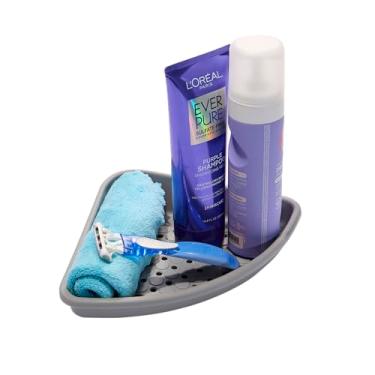 Imagem de madesmart Prateleira de canto de banheira de plástico para espaço de armazenamento de sabão expandido, prateleira de armazenamento para canto de banheira com orifícios de drenagem, cinza