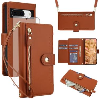 Imagem de Asuwish Capa de celular para celular Google Pixel 8 5G com zíper, protetor de tela de vidro temperado e alça de pulso transversal, suporte flip para cartão de crédito Pixel8 oito mulheres meninas