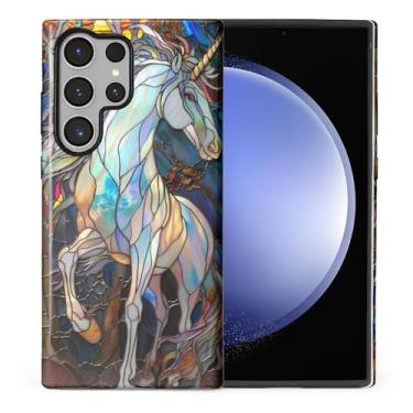 Imagem de CARLOCA Compatível com Samsung Galaxy S23 Ultra Full Body Protective Glossy Case para meninas meninos à prova de choque moda estética padrão colorido vitral branco unicórnio