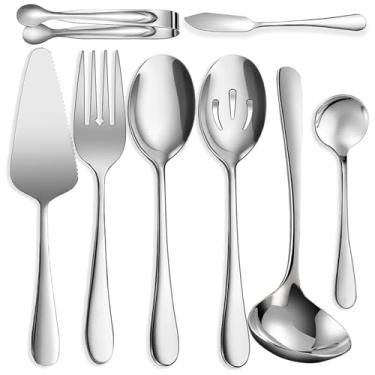 Imagem de IAXSEE 8 peças de utensílios de servir de aço inoxidável, colheres grandes com fenda, garfos, pinças de gelo, servidor de bolo, concha de sopa, conjunto de utensílios de metal, ótimo para buffet de