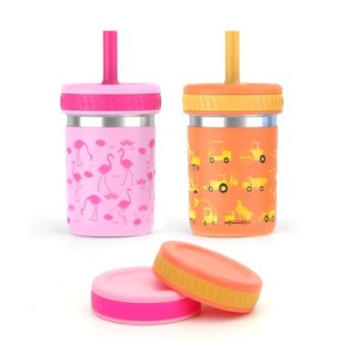 Imagem de Sursip Copos infantis infantis de aço inoxidável com canudos e tampas | Copo à prova de derramamento, bebidas e lanches, copos de smoothie, livre de BPA, lavável na lava-louças, 2 pacotes
