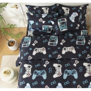 Imagem de SDY Jogo de cama solteiro com console de jogos, 7 peças, fofo de microfibra macia para crianças, lençol de cima, lençol com elástico, fronhas e fronhas