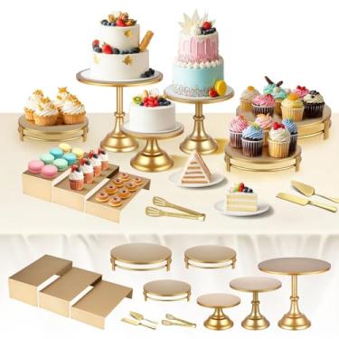 Imagem de sansaieco Conjunto de 12 peças de suporte de bolo dourado com pedestal de ouro e espátula de torta de cortador de bolo, conjunto de exibição de mesa de sobremesa para casamento, festa, aniversário