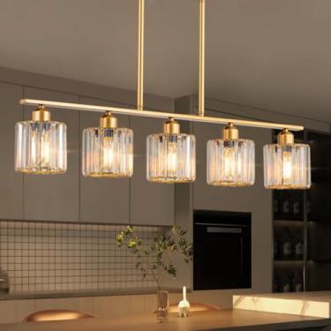 Imagem de Luzes pendentes de 91 cm ilha de cozinha, luminária de sala de jantar dourada de latão 5 luzes moderno vintage escovado lustre linear para sala de jantar, luzes de ilha para cozinha com cortinas de